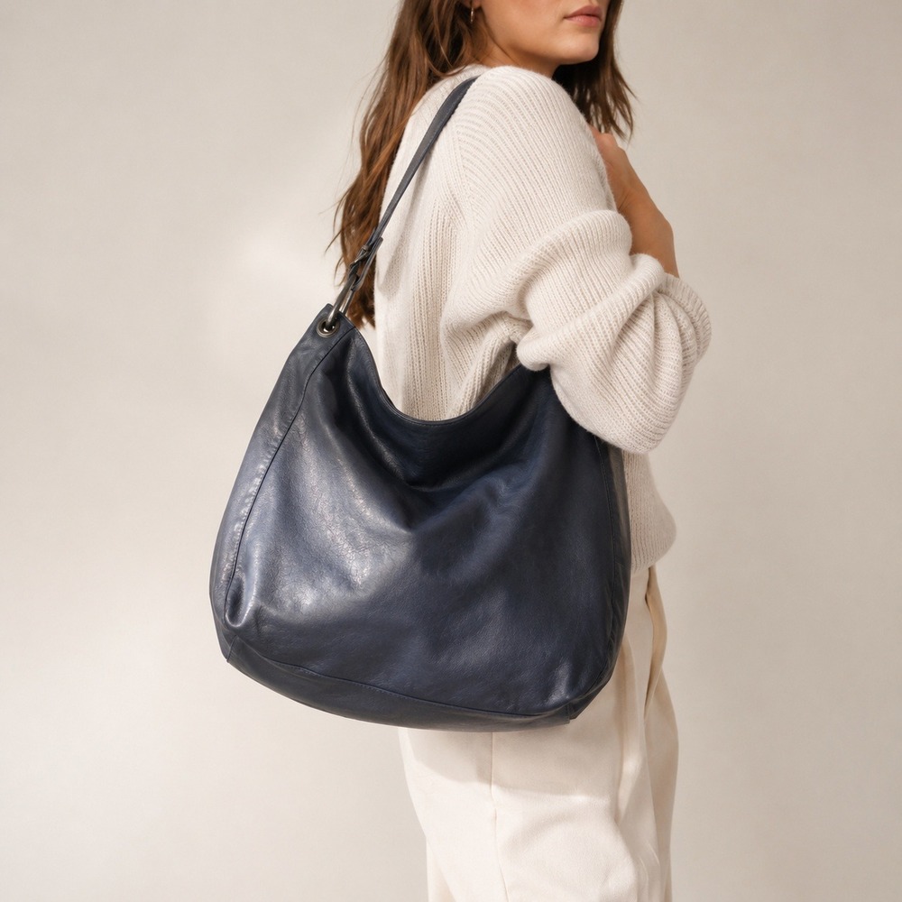 Vintage 90s Capezio Slouchy Hobo Shoulder Bag Large Faux Leather Tote Navy Blue